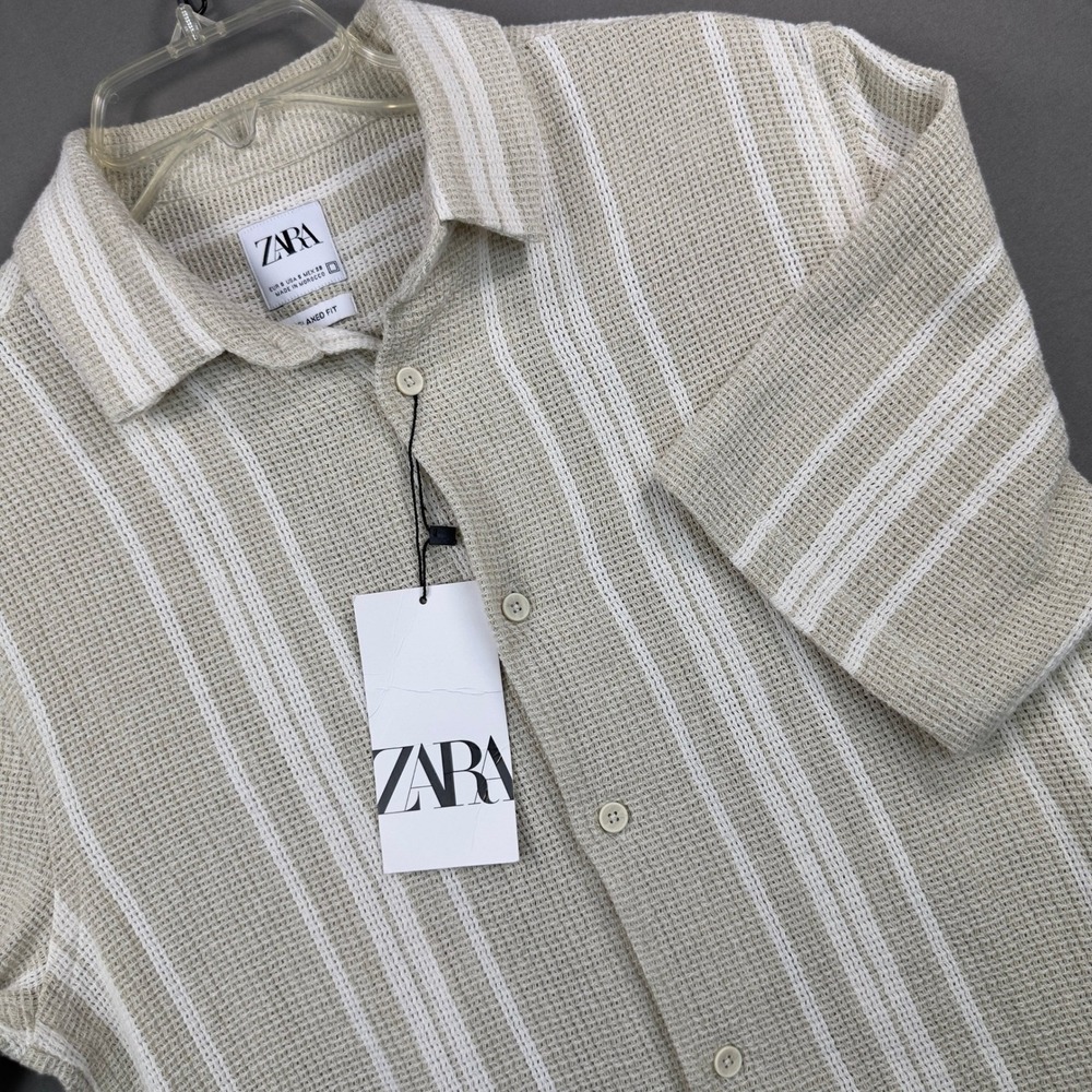 Zara Shirt Mens S Beige New Striped Relaxed Fit Waffle Knit Short Sleeve Casual